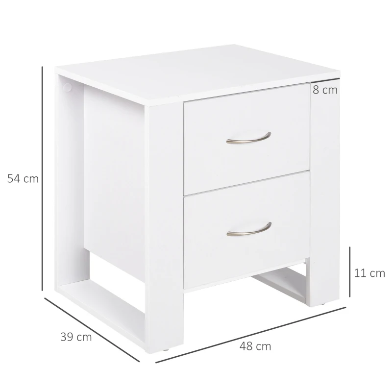 HOMCOM Noptiera Moderna din Lemn, Noptiera 2 Sertare pentru Dormitor cu Manere Argintate, 48x39x54cm, Alb