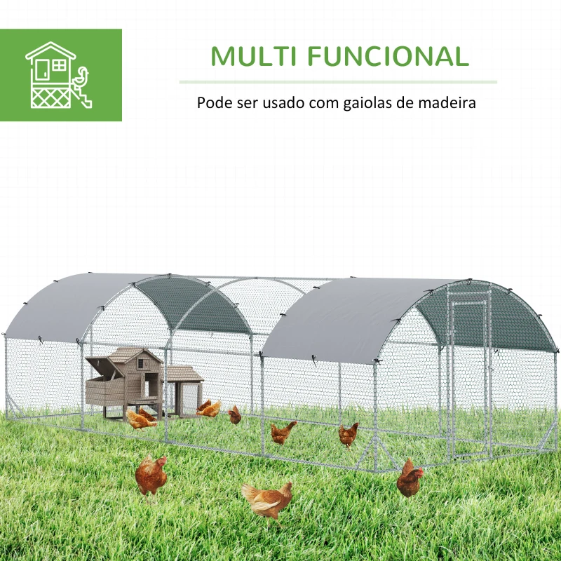 PawHut Galinheiro para Exterior para 16-24 Galinhas de Aço Galvanizado com Teto de Tecido Oxford 2,8x7,60x1,97 m Prata