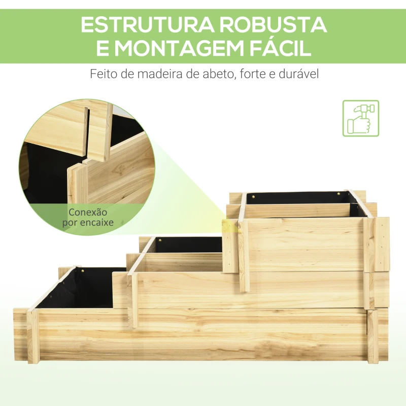 Outsunny Caixa de Plantio de Madeira de 3 Níveis com Malha Geotextil para Cultivos de Plantas Flores Exterior 93x93x35 cm Natural