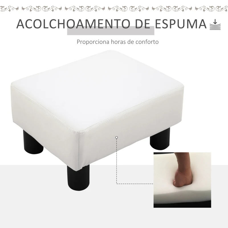 HOMCOM Apoio para os Pés Octomano Banco Pequeno Estofado em Pele Sintética com Assento Acolchoado e Pés de Plástico 40x30x24 cm Branco