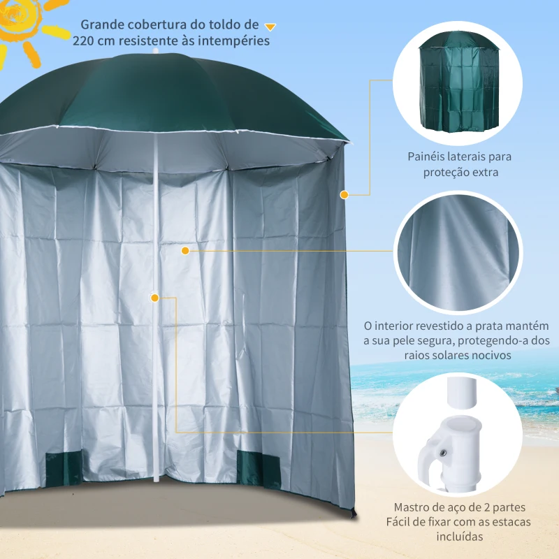 Outsunny Chapéu de Sol de Praia com Painel Lateral Ø220x220 cm com Manivela Manual 8 Hastes de Aço e Bolsa de Transporte Verde