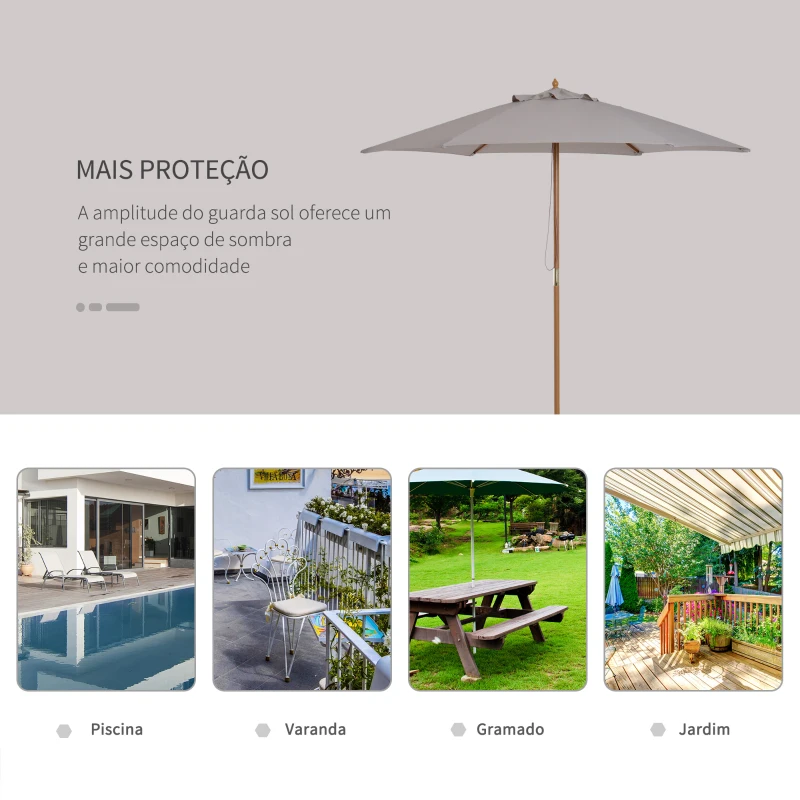 Outsunny Chapéu de Sol de Madeira Ø250x230 cm para Exterior com 6 Hastes Sistema de Corda com Fixação Desmontável Portátil Cinza