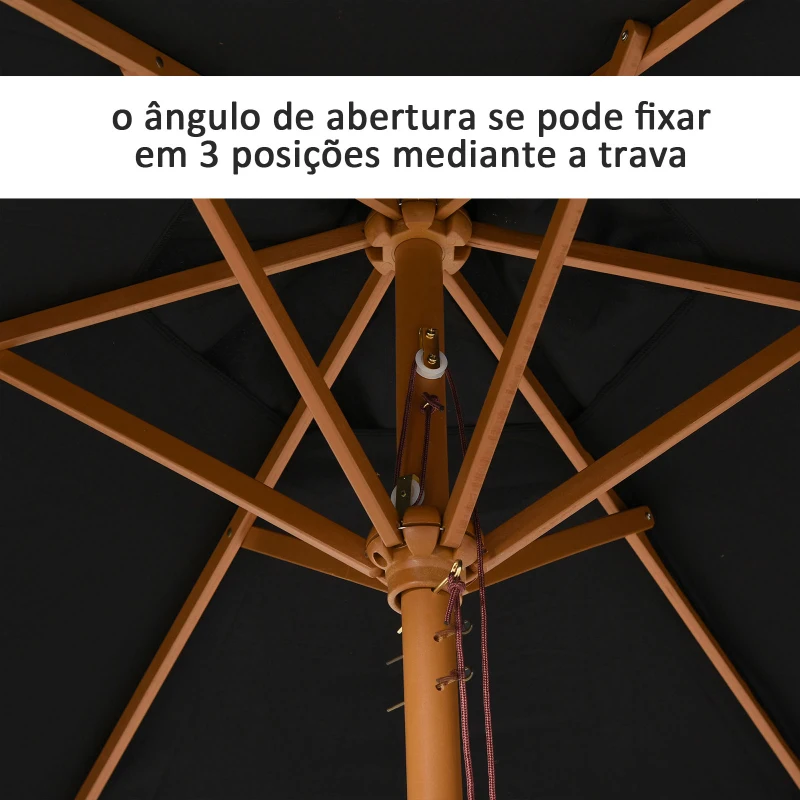 Outsunny Chapéu de Sol de Madeira Ø250x230 cm para Exterior com 6 Hastes Sistema de Corda com Fixação Desmontável Portátil Preto