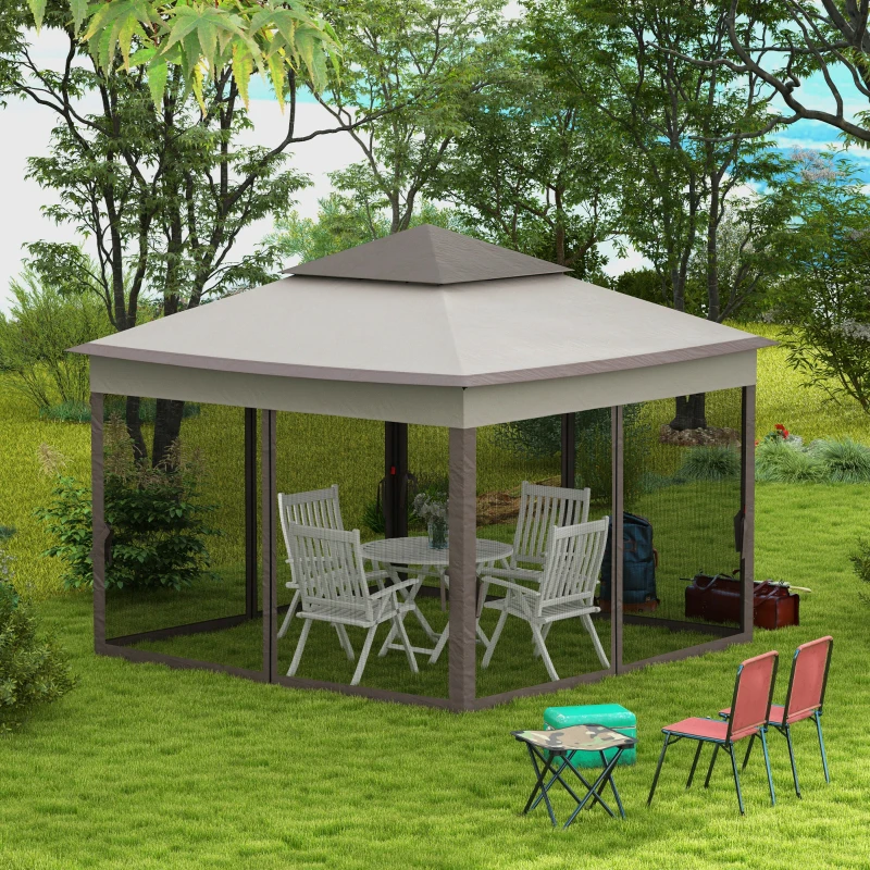 Outsunny 3.25 x 3.25m Deluxe Metal Gazebo, with Curtains - Brown and Grey(m-10)