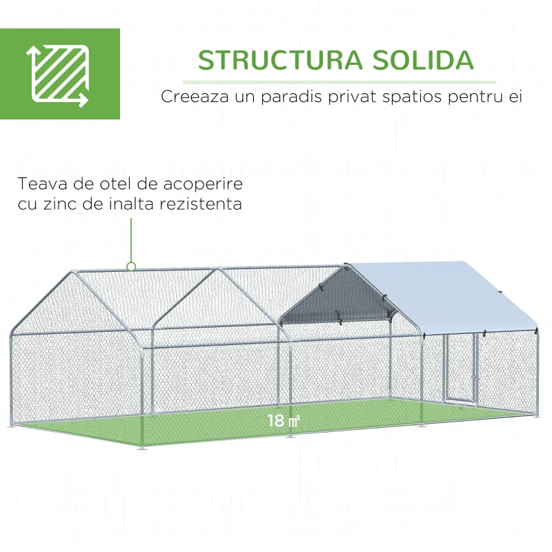 Pawhut Cotet Mare pentru Gaini – 3 Camere & Copertina, Metal Galvanizat(m-6)