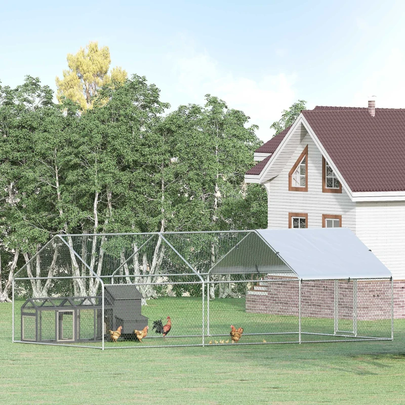 Pawhut Cotet Mare pentru Gaini – 3 Camere & Copertina, Metal Galvanizat(m-2)