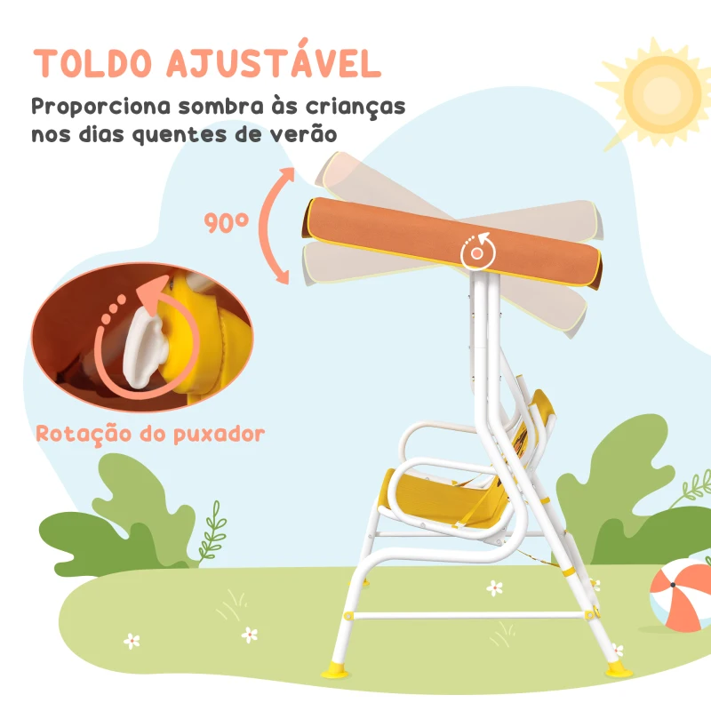 Outsunny Balanço de Jardim Exterior Balanço de Jardim Infantil de 2 Lugares com Padrão de Leão Carga 60 kg 110x70x110 cm Amarelo