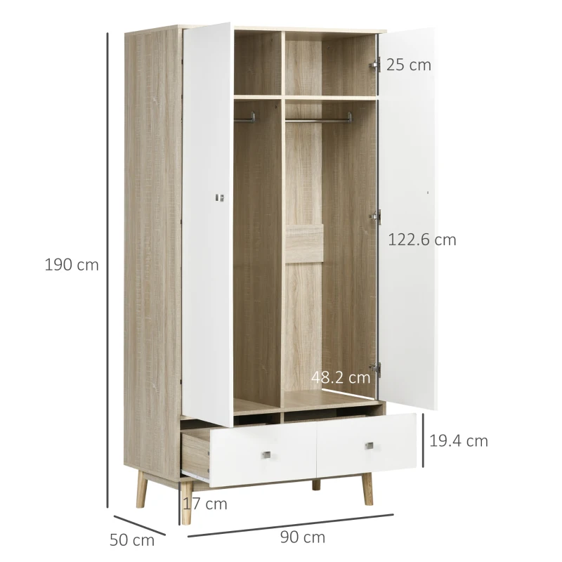 HOMCOM Dulap haine, cu 2 sertare si cuier, cu 2 usi cu 4 compartimente,din lemn si alb, 90x50x190cm(m-3)