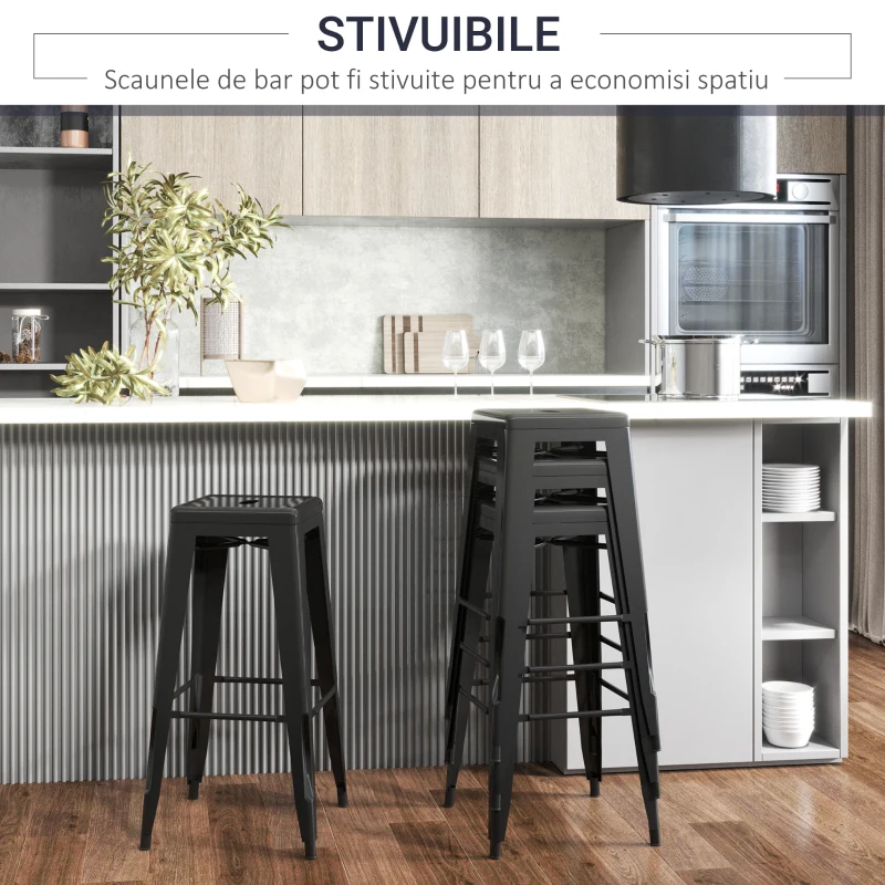 HOMCOM Set 4 Scaune de Bar din Metal cu Suport pentru Picioare pentru Interior si Exterior, 43x43x76 cm, Negru