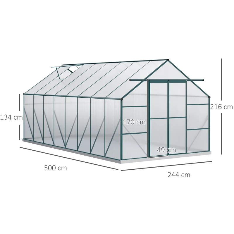 Outsunny Sera din aluminiu kit sera de gradina walk-in din policarbonat cu ventilatie 244 x 500 x 216cm, Transparenta