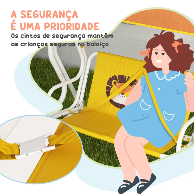 Outsunny Balanço de Jardim Exterior Balanço de Jardim Infantil de 2 Lugares com Padrão de Leão Carga 60 kg 110x70x110 cm Amarelo