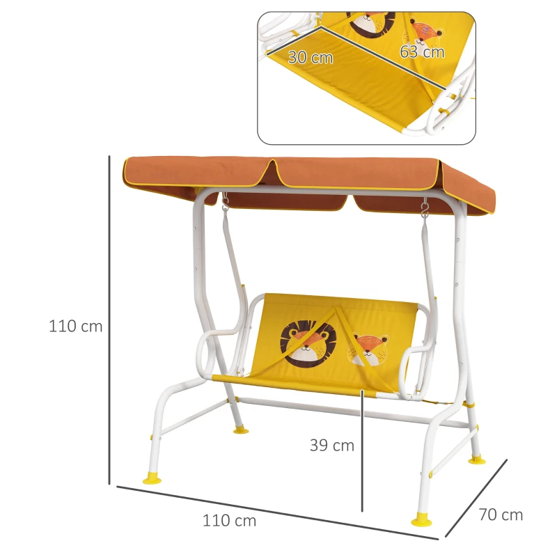 Outsunny Balanço de Jardim Exterior Balanço de Jardim Infantil de 2 Lugares com Padrão de Leão Carga 60 kg 110x70x110 cm Amarelo