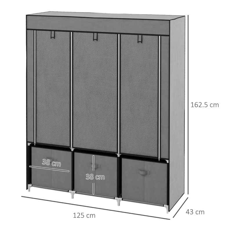 HOMCOM Șifonier din Pânză, Garderob Pliabil cu Rafturi și Sertare, Uși care se Rulează cu Fermoar, 125x43x162.5 cm, Gri