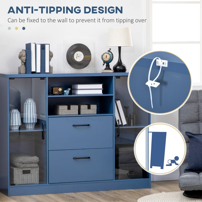 HOMCOM Dulap Bufet, Dulap de Depozitare de Accent, Bufet de Bucatarie cu Dulap cu Usa de Sticla, Rafturi si Sertare pentru Sufragerie, Hol, Albastru