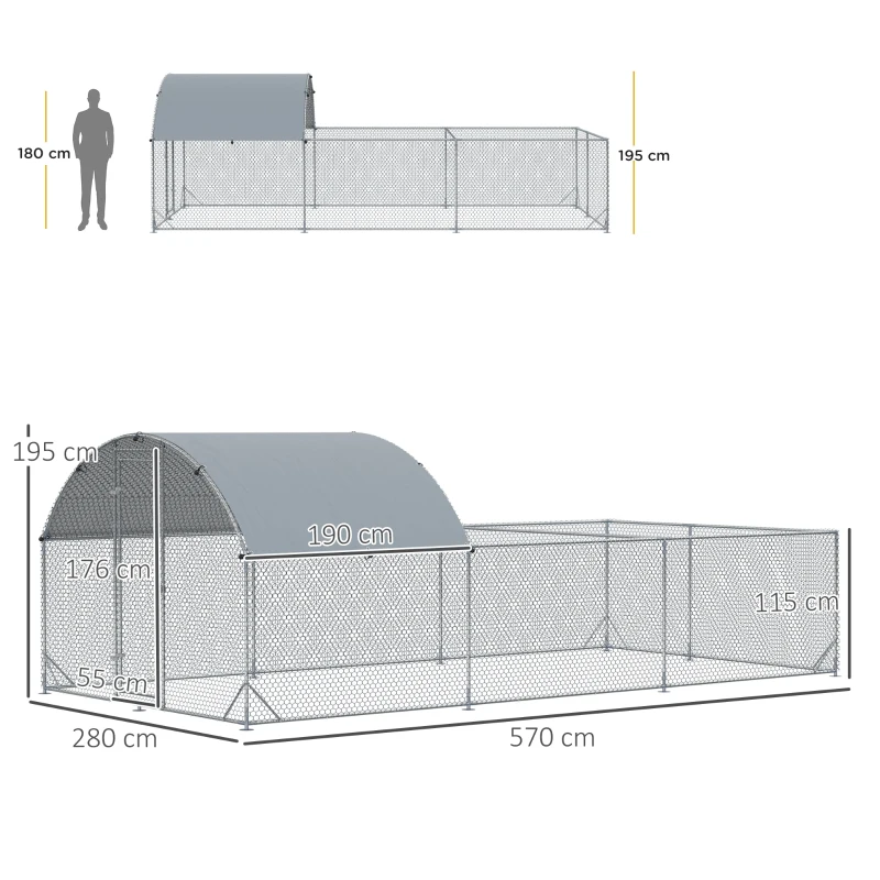 PawHut Gard de Exterior din Otel pentru Gaini 570x280cm, Cotet pentru Iepuri si Rate cu Folie de Acoperire din PE Anti-UV(m-3)