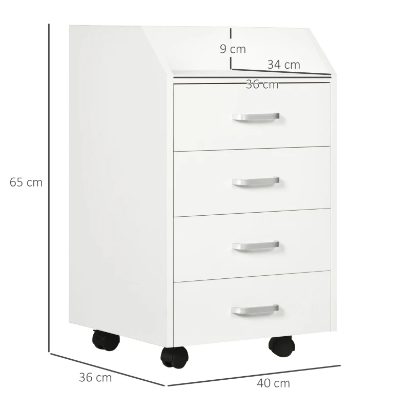 Vinsetto Cassettiera da Ufficio in Legno con 4 Cassetti, Ruote e Bordi Rialzati, 40x36x65cm, Bianco