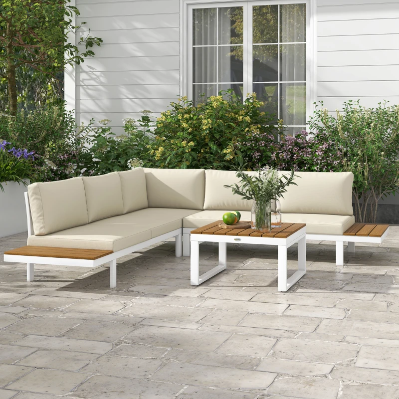 Outsunny Conjunto de Móveis de Jardim Inclui 2 Sofás Duplos 1 Sofá de Canto e Mesa de Centro com Almofadas para Pátio Creme