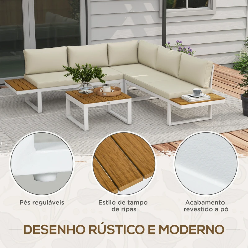 Outsunny Conjunto de Móveis de Jardim Inclui 2 Sofás Duplos 1 Sofá de Canto e Mesa de Centro com Almofadas para Pátio Creme