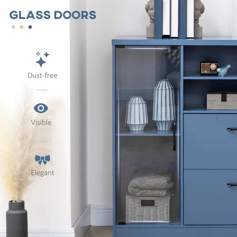 HOMCOM Dulap Bufet, Dulap de Depozitare de Accent, Bufet de Bucatarie cu Dulap cu Usa de Sticla, Rafturi si Sertare pentru Sufragerie, Hol, Albastru