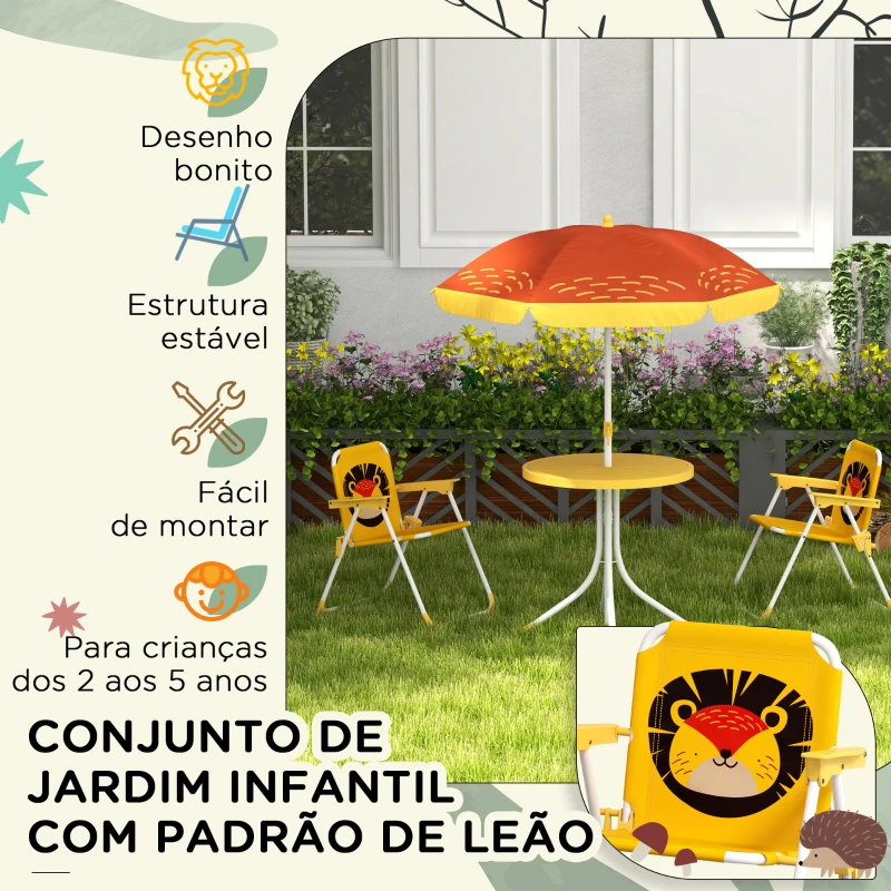 Outsunny Conjunto Infantil de Mesa e Cadeiras de Exterior Conjunto de 2 Cadeiras Dobráveis e Mesa para Crianças Amarelo e Castanho