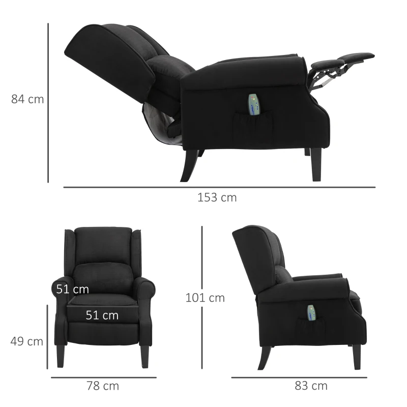 Fotoliu cu Masaj Relaxare cu inclinare, Functie de incalzire si Telecomanda, 78x83x101 cm, Negru