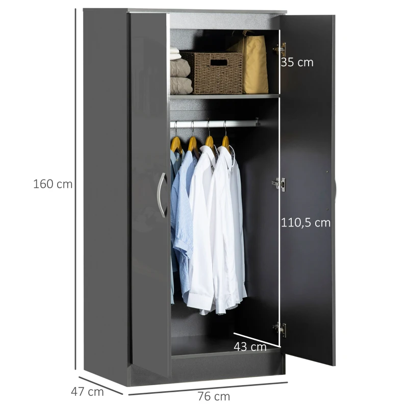 HOMCOM Dulap din PAL cu 2 usi cu sina inclusa, design lucios si anti-inclinare, 76x47x160cm, gri