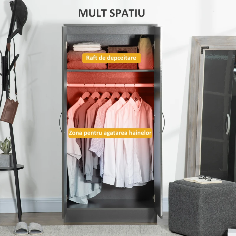 HOMCOM Dulap din PAL cu 2 usi cu sina inclusa, design lucios si anti-inclinare, 76x47x160cm, gri
