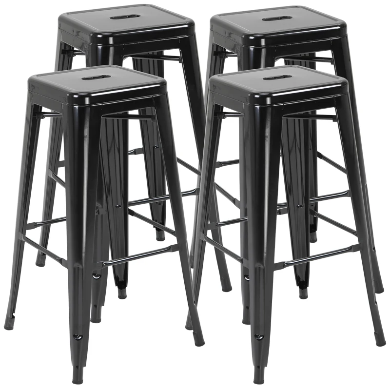 HOMCOM Set 4 Scaune de Bar din Metal cu Suport pentru Picioare pentru Interior si Exterior, 43x43x76 cm, Negru