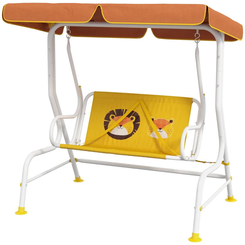 Outsunny Balanço de Jardim Exterior Balanço de Jardim Infantil de 2 Lugares com Padrão de Leão Carga 60 kg 110x70x110 cm Amarelo