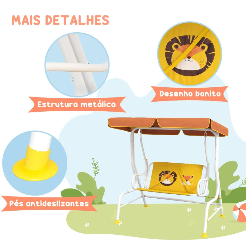 Outsunny Balanço de Jardim Exterior Balanço de Jardim Infantil de 2 Lugares com Padrão de Leão Carga 60 kg 110x70x110 cm Amarelo