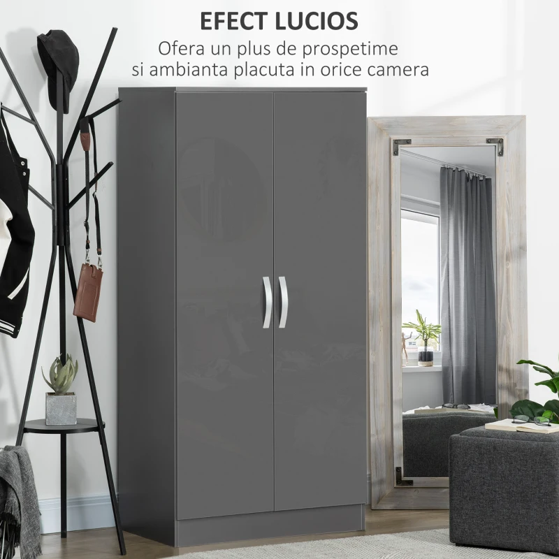HOMCOM Dulap din PAL cu 2 usi cu sina inclusa, design lucios si anti-inclinare, 76x47x160cm, gri