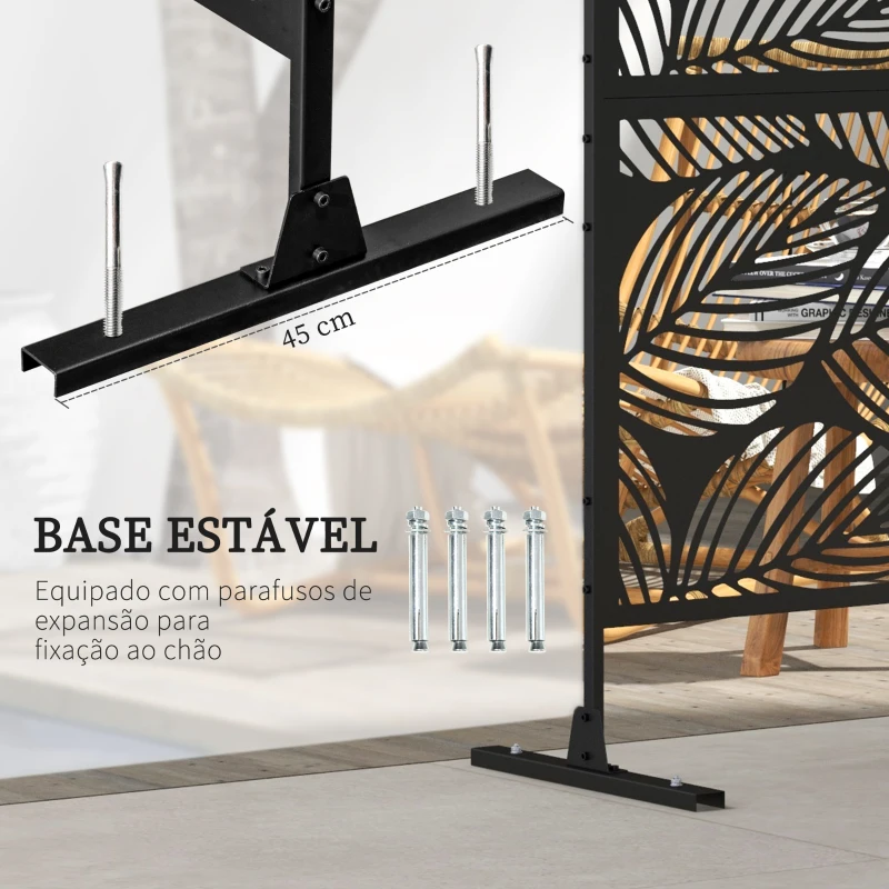 Outsunny Biombo de Exterior Separador de Ambientes com 3 Peças com Padrão de Flores Grande e Estrutura de Aço 122x45x198 cm Preto