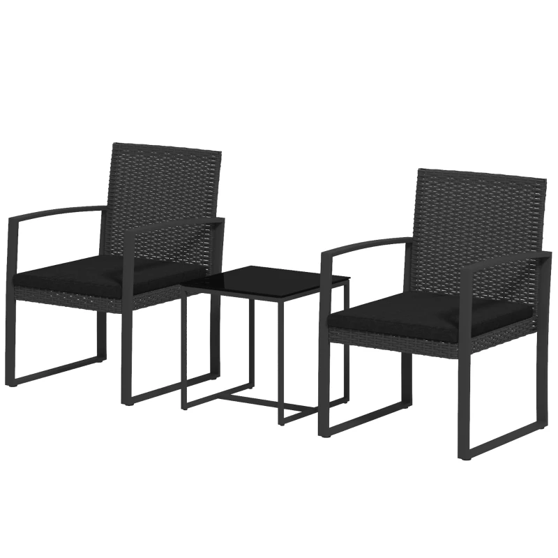 Outsunny Conjunto de Móveis de Jardim de Vime Sintético Conjunto de 1 Mesa e 2 Cadeiras com Almofadas e Apoio para os Braços Preto