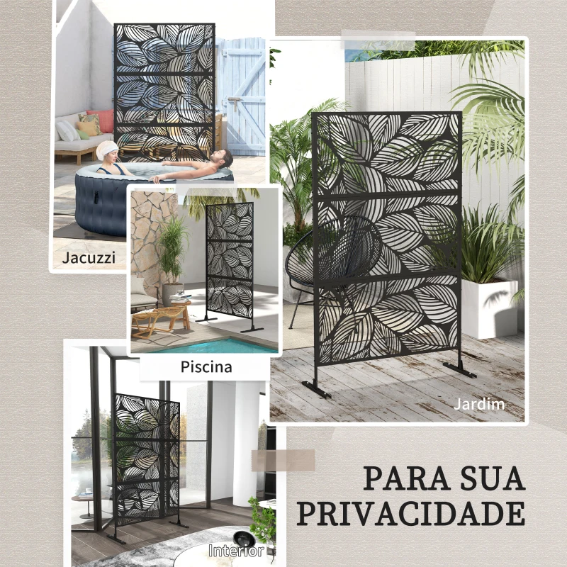 Outsunny Biombo de Exterior Separador de Ambientes com 3 Peças com Padrão de Flores Grande e Estrutura de Aço 122x45x198 cm Preto