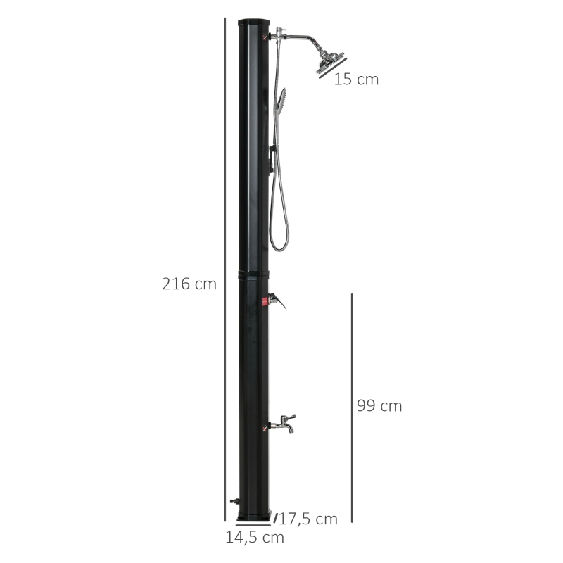 Outsunny Duche Solar Exterior 35 L Duche de Jardim com Torneira e Água Quente 0-55℃ para Piscina Pátio 17,5x14,5x216 cm Preto