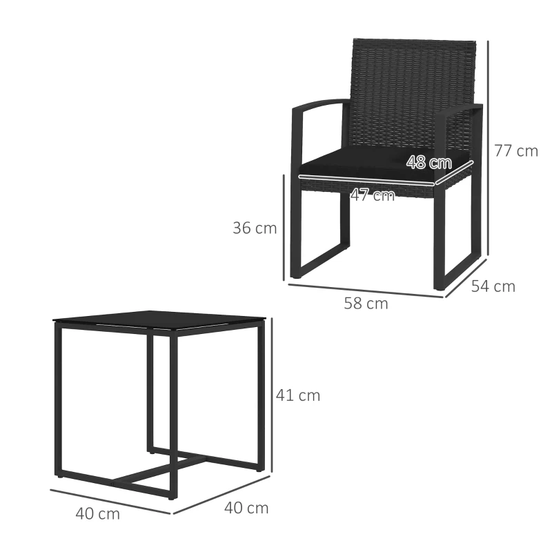 Outsunny Conjunto de Móveis de Jardim de Vime Sintético Conjunto de 1 Mesa e 2 Cadeiras com Almofadas e Apoio para os Braços Preto