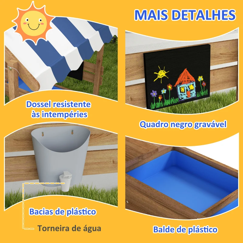 Outsunny Caixa de Areia para Crianças de Madeira com Toldo Torneira e Ardósia para Pátio Jardim 124x116x146 cm Castanho