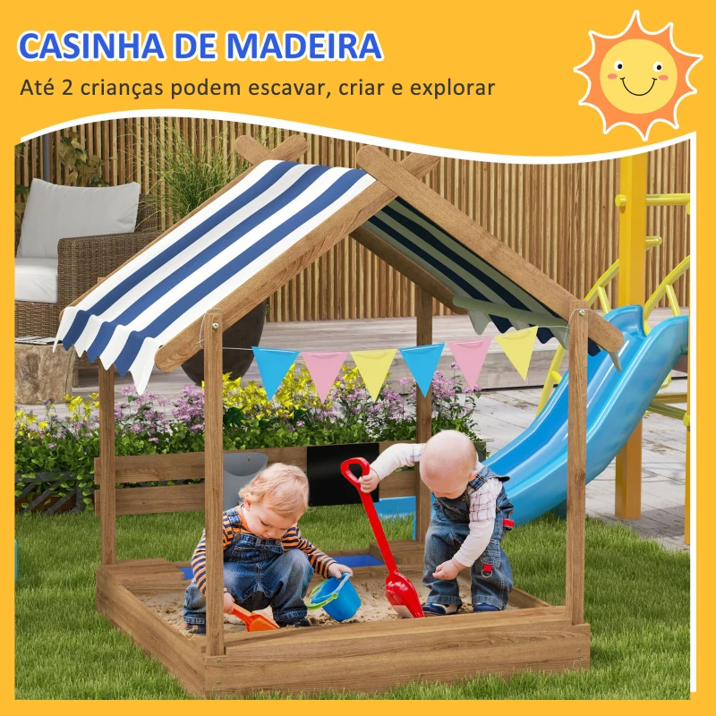 Outsunny Caixa de Areia para Crianças de Madeira com Toldo Torneira e Ardósia para Pátio Jardim 124x116x146 cm Castanho
