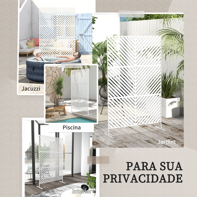 Outsunny Biombo de Exterior Separador de Ambientes com 3 Peças com Padrão de Linhas Transversais e Estrutura de Aço 122x45x198 cm Branco