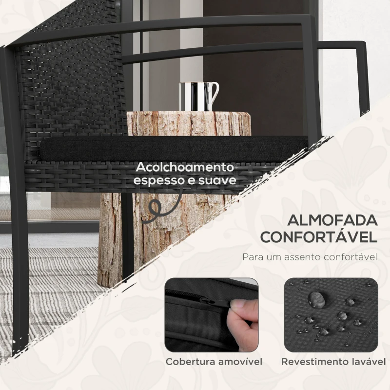 Outsunny Conjunto de Móveis de Jardim de Vime Sintético Conjunto de 1 Mesa e 2 Cadeiras com Almofadas e Apoio para os Braços Preto