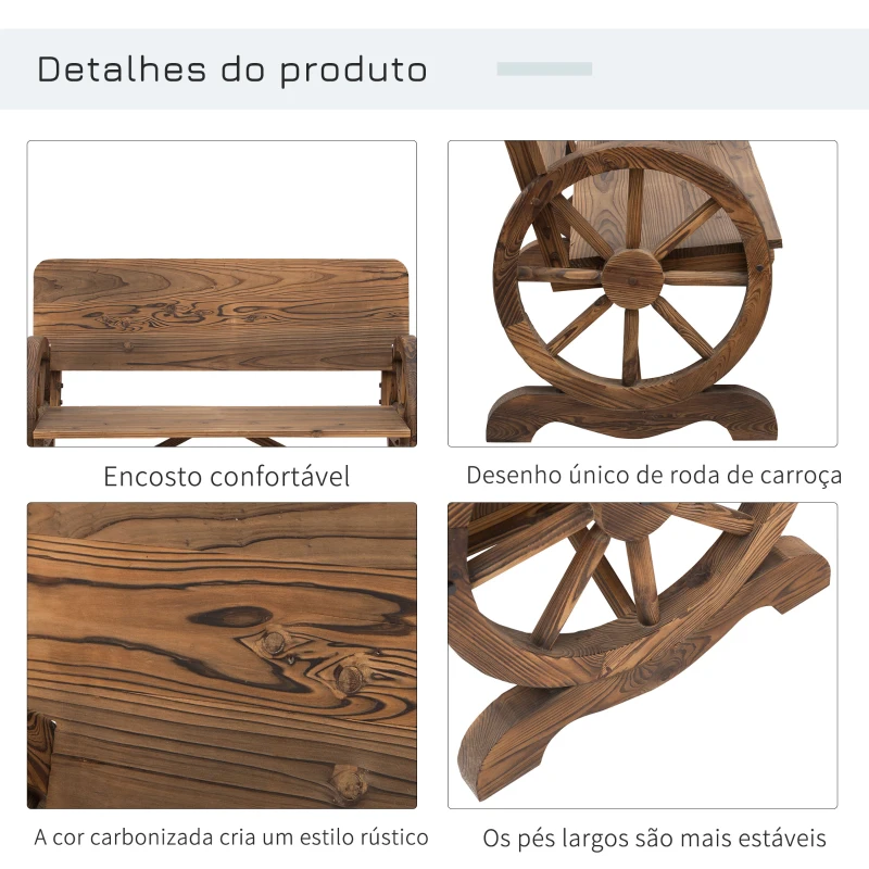 Outsunny Banco de Jardim de Madeira Banco de Exterior com 2 Rodas Decorativas Estilo Rústico 114x58x80 cm Marrom Carbonizado