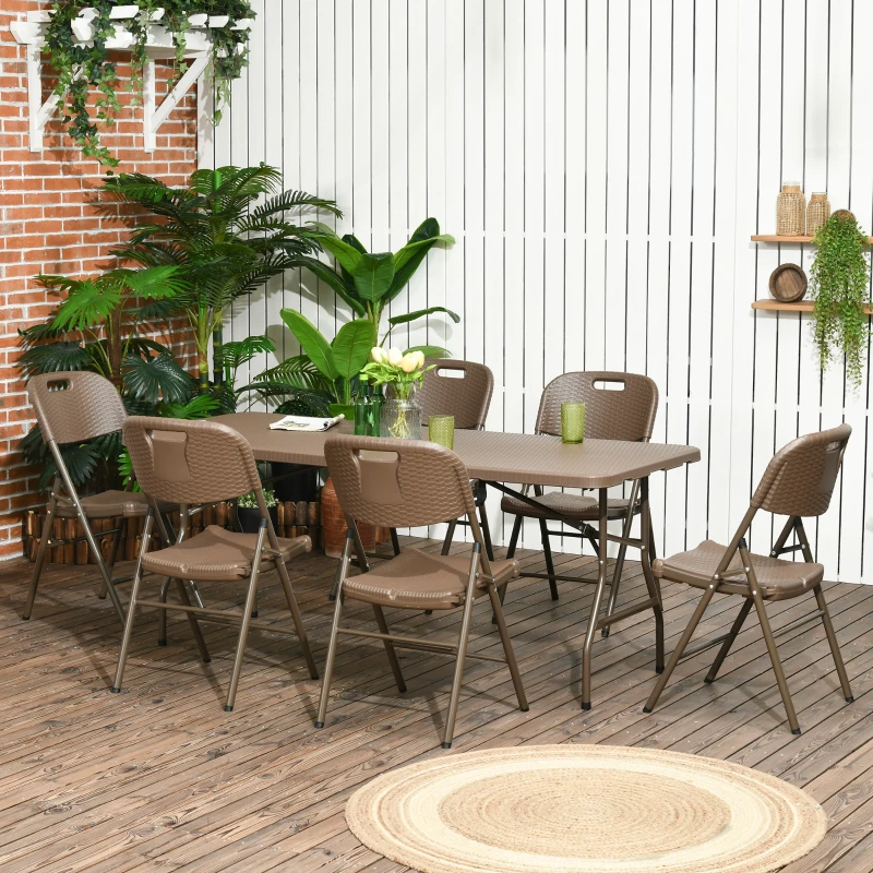 Outsunny Conjunto de Refeição de 7 Peças Dobrável Conjunto de Mesa e 6 Cadeiras de Jardim com Imitação de Vime Marrom