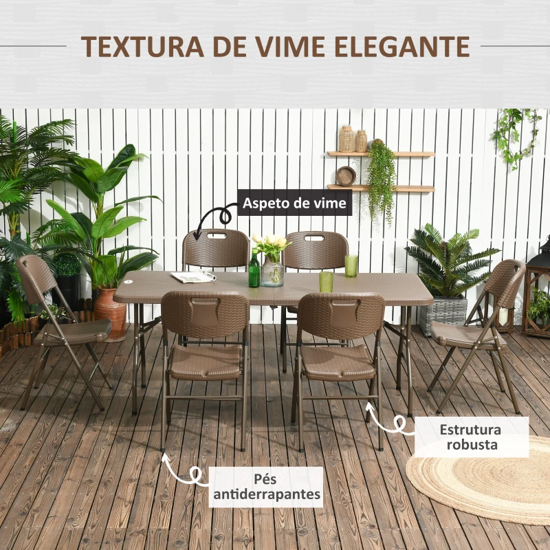 Outsunny Conjunto de Refeição de 7 Peças Dobrável Conjunto de Mesa e 6 Cadeiras de Jardim com Imitação de Vime Marrom