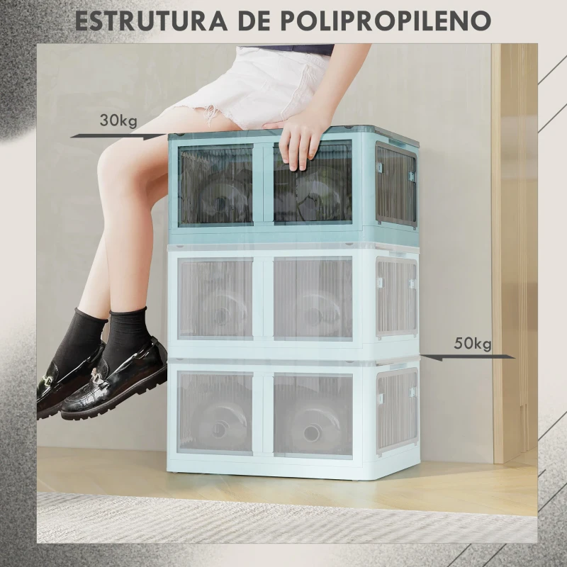 HOMCOM Caixa de Armazenamento Empilhável com Tampa 69L Caixa Organizadora Dobrável com Rodas 60x42x34 cm Azul