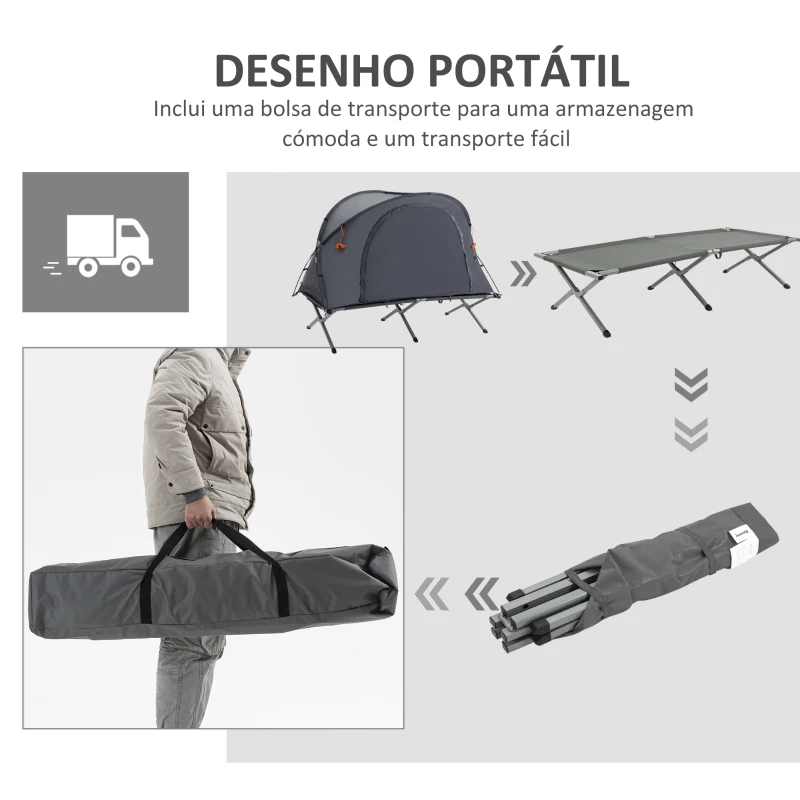 Outsunny Cama de Campismo Dobrável 3 em 1 Cama de Campismo Elevada com Tenda Colchão Insuflável e Bolsa de Transporte 200x86x147 Cinza