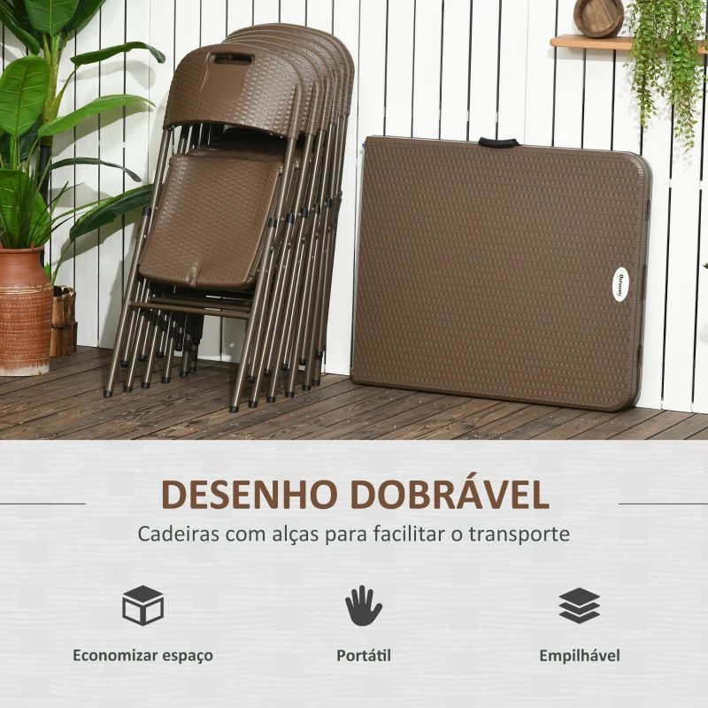 Outsunny Conjunto de Refeição de 7 Peças Dobrável Conjunto de Mesa e 6 Cadeiras de Jardim com Imitação de Vime Marrom