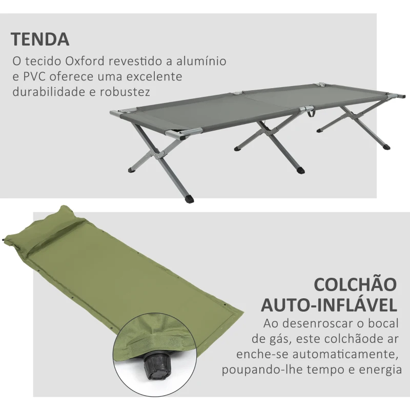 Outsunny Cama de Campismo Dobrável 3 em 1 Cama de Campismo Elevada com Tenda Colchão Insuflável e Bolsa de Transporte 200x86x147 Cinza
