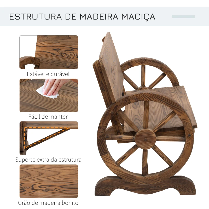 Outsunny Banco de Jardim de Madeira Banco de Exterior com 2 Rodas Decorativas Estilo Rústico 114x58x80 cm Marrom Carbonizado