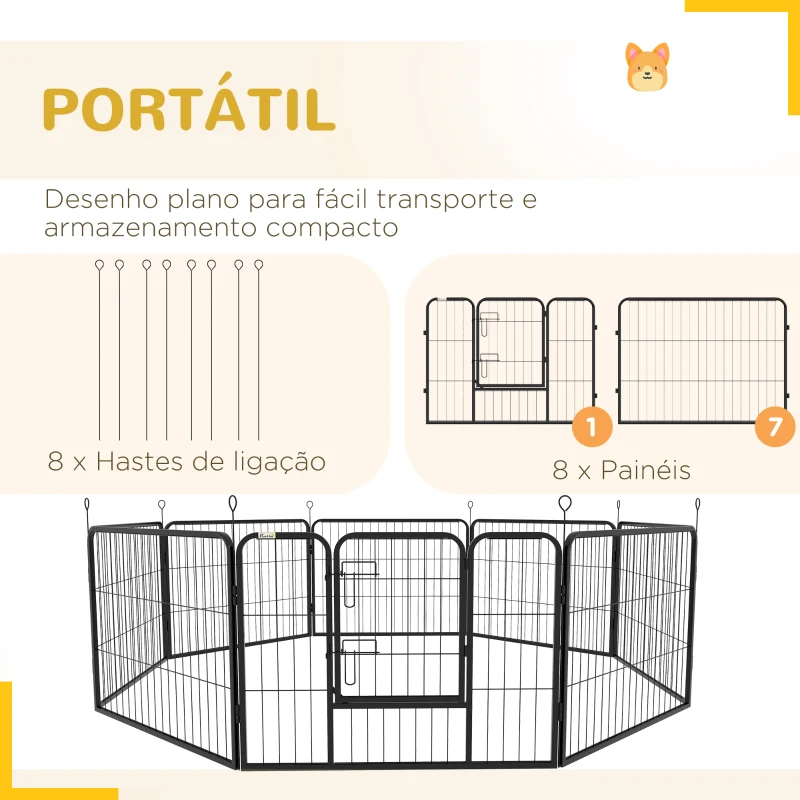 PawHut Parque para Animais de Estimação 8 Paineis 80x60cm Gaiola para Cães de Metal com Porta e Dupla Fechadura  Preto
