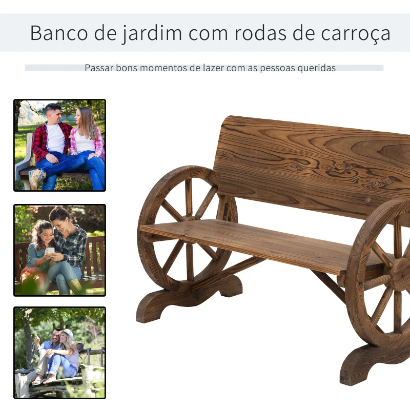 Outsunny Banco de Jardim de Madeira Banco de Exterior com 2 Rodas Decorativas Estilo Rústico 114x58x80 cm Marrom Carbonizado